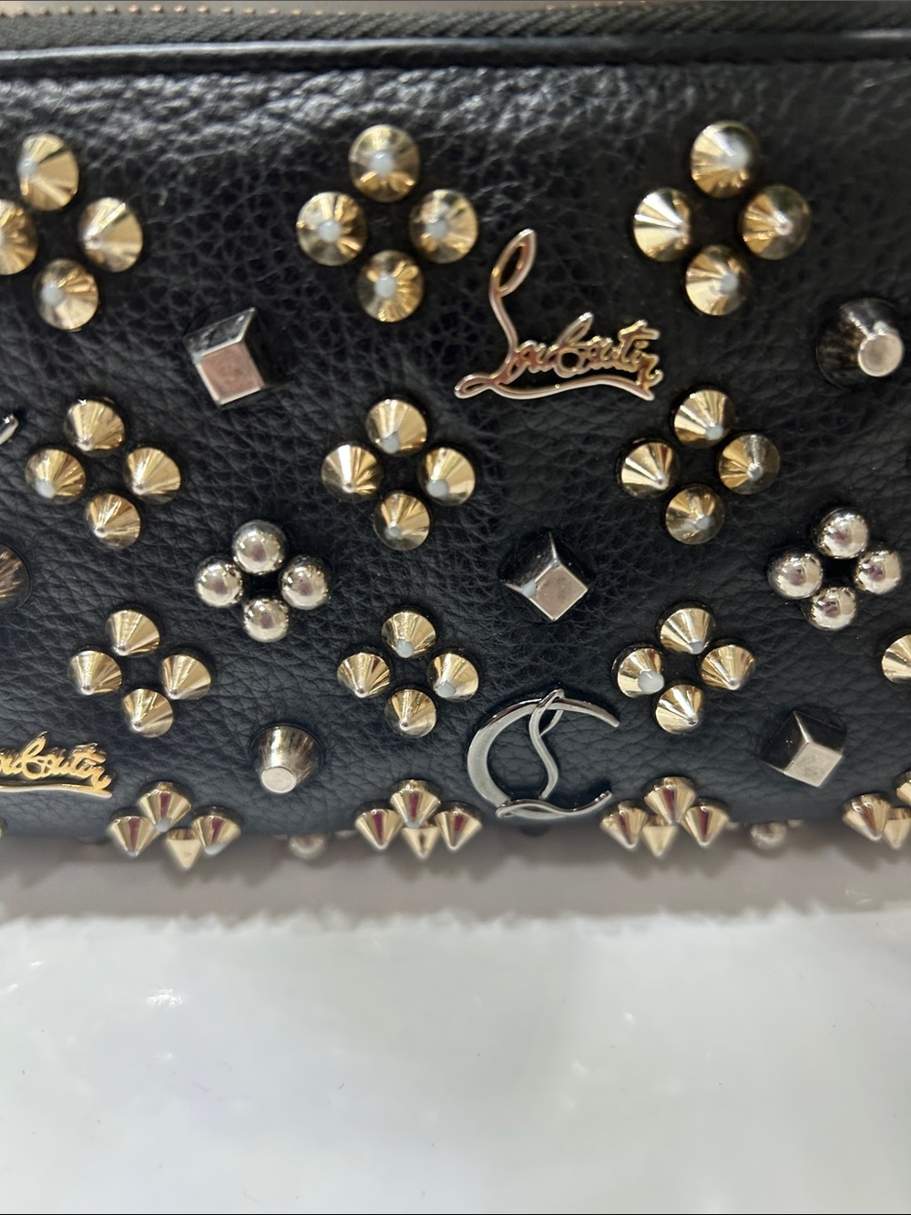 Christian Louboutin Black Leather Zip Around Wallet with Gold Studs Gorgeous - Picture 2 of 11